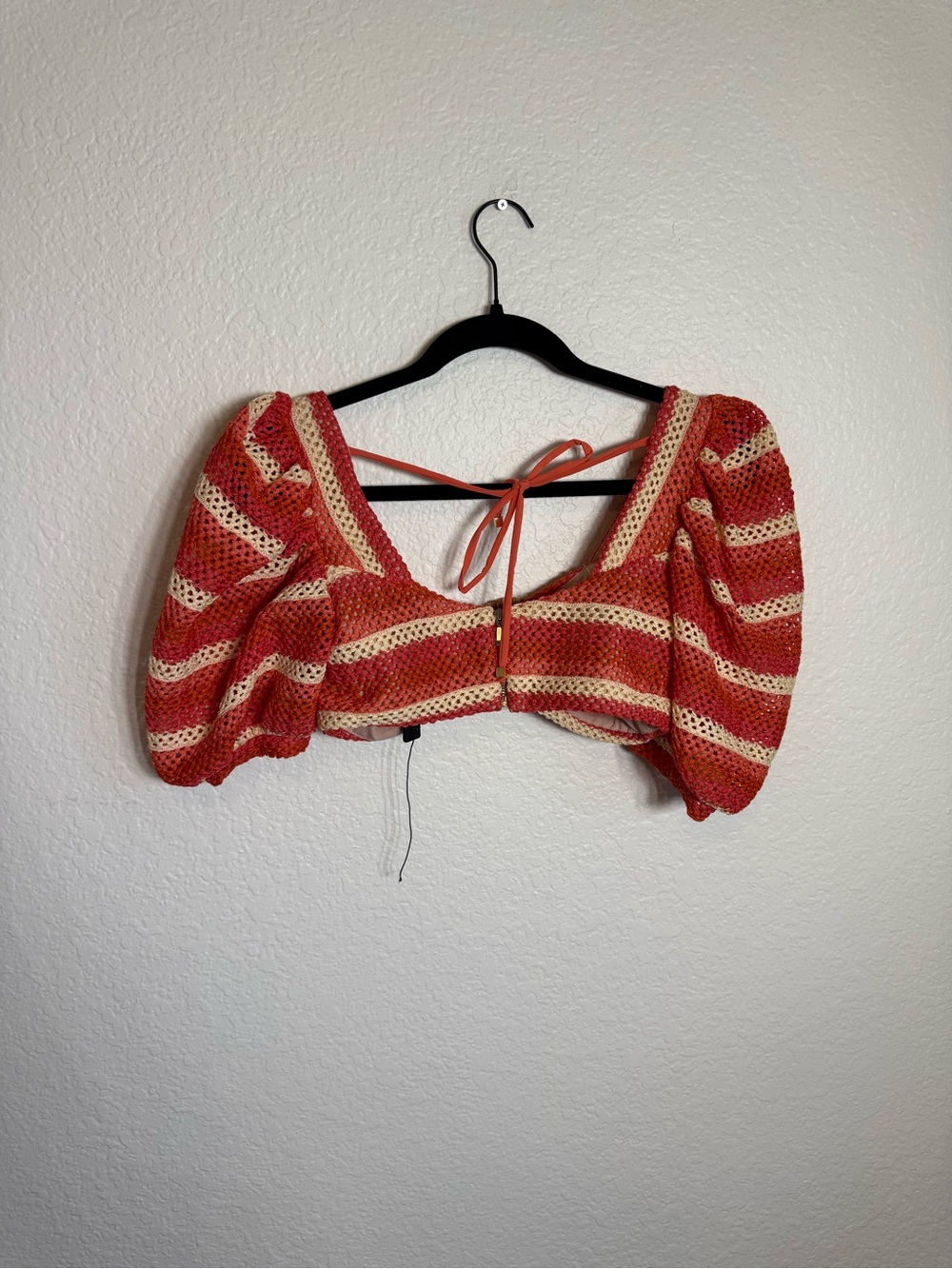 PatBO Orange and Cream Crochet Puff-Sleeve Crop Top & Ruffle Shorts Set - Picture 5 of 16